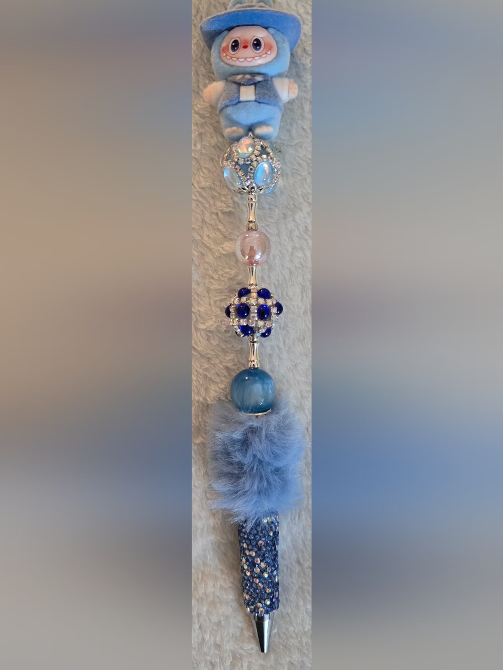 Blue and Silver Beaded Pen - Dressed-up Labubu